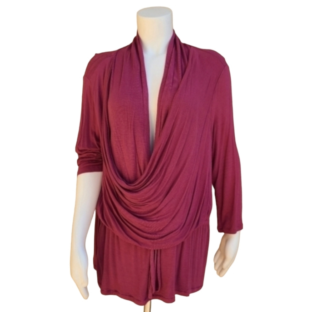 FEVER Raspberry Pink Faux Wrap Top 1X Draped Front Long Sleeve Knit Blouse - Picture 4 of 15